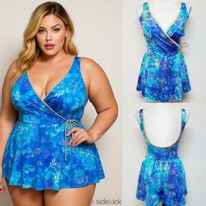 Robby Len Vintage 70s Multi-color Watercolor Gold Trim Faux Wrap Skirt Swimsuit